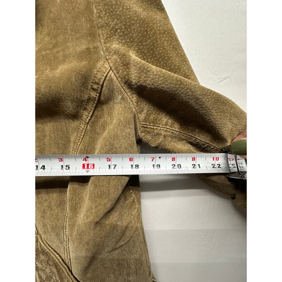 Vintage Christopher & Banks 100% Leather Tan Suede Snap Front Embossed Medium - Picture 6 of 12